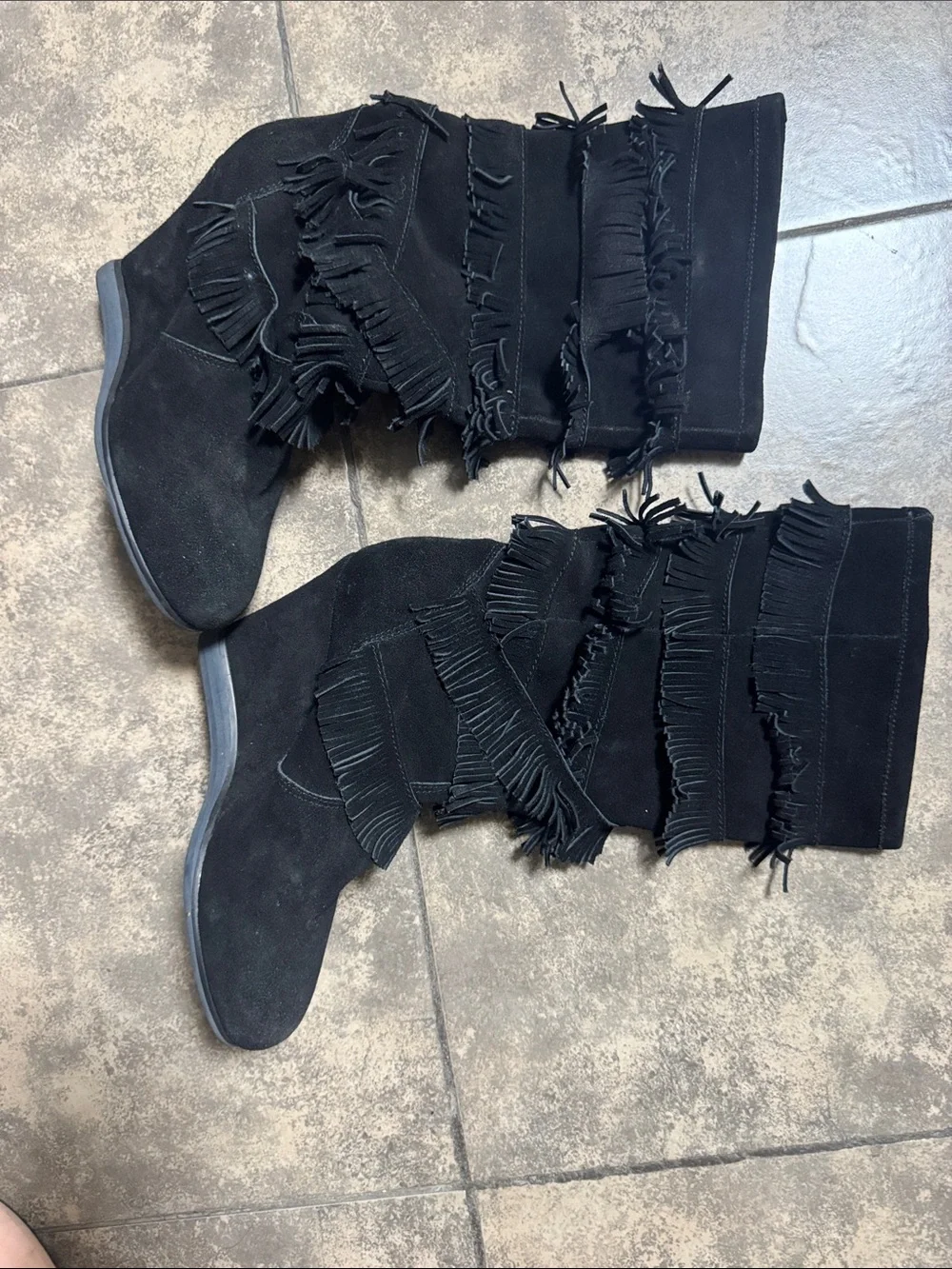 Black Fringe Suede Wedge Boots - Women's Stylish Mid-Calf